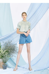 Off-Shoulder Linen Blouse for Women with Smocked Neckline and Puff Sleeves – Elegant Summer Top