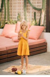 Tiered Linen Sundress with Shoulder Tie Straps and Square Neckline for Girls