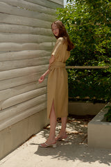 Short Sleeve Linen Midi Dress for Women with Waist Tie and Side Slits for Refined Everyday Comfort