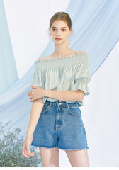 Off-Shoulder Linen Blouse for Women with Smocked Neckline and Puff Sleeves – Elegant Summer Top