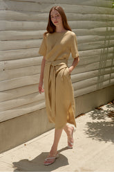 Short Sleeve Linen Midi Dress for Women with Waist Tie and Side Slits for Refined Everyday Comfort