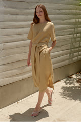 Short Sleeve Linen Midi Dress for Women with Waist Tie and Side Slits for Refined Everyday Comfort