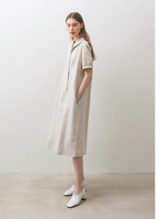 Linen Midi Dress with Short Puff Sleeves, Wide Collar, and Relaxed Button-Front Fit