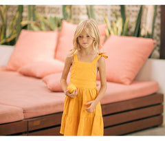Tiered Linen Sundress with Shoulder Tie Straps and Square Neckline for Girls