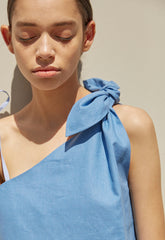 One-Shoulder Linen Midi Dress with Adjustable Bow Straps and Raw Edge Hemline