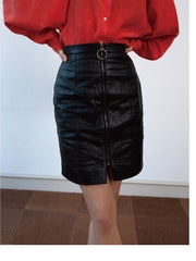 Tailored High-Waisted Zip-Front Leather Skirt with Minimalist Silhouette