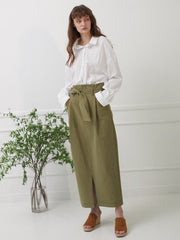 High-Waisted Linen Midi Skirt with Front Slit and Tie Belt for Structured Everyday Elegance