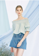 Off-Shoulder Linen Blouse for Women with Smocked Neckline and Puff Sleeves – Elegant Summer Top