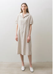 Linen Midi Dress with Short Puff Sleeves, Wide Collar, and Relaxed Button-Front Fit
