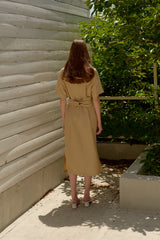 Short Sleeve Linen Midi Dress for Women with Waist Tie and Side Slits for Refined Everyday Comfort
