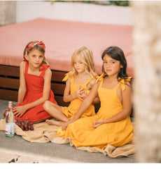 Tiered Linen Sundress with Shoulder Tie Straps and Square Neckline for Girls
