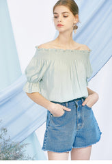 Off-Shoulder Linen Blouse for Women with Smocked Neckline and Puff Sleeves – Elegant Summer Top