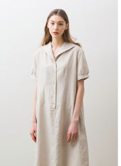 Linen Midi Dress with Short Puff Sleeves, Wide Collar, and Relaxed Button-Front Fit