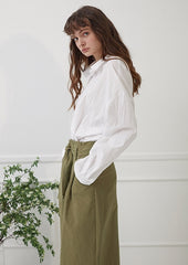 High-Waisted Linen Midi Skirt with Front Slit and Tie Belt for Structured Everyday Elegance