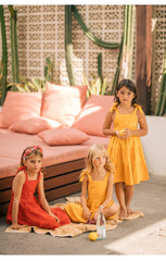 Tiered Linen Sundress with Shoulder Tie Straps and Square Neckline for Girls