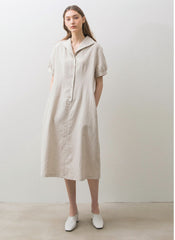 Linen Midi Dress with Short Puff Sleeves, Wide Collar, and Relaxed Button-Front Fit