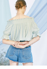 Off-Shoulder Linen Blouse for Women with Smocked Neckline and Puff Sleeves – Elegant Summer Top