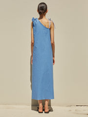 One-Shoulder Linen Midi Dress with Adjustable Bow Straps and Raw Edge Hemline