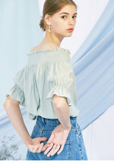 Off-Shoulder Linen Blouse for Women with Smocked Neckline and Puff Sleeves – Elegant Summer Top