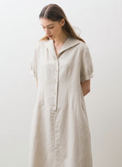 Linen Midi Dress with Short Puff Sleeves, Wide Collar, and Relaxed Button-Front Fit