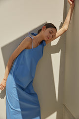 One-Shoulder Linen Midi Dress with Adjustable Bow Straps and Raw Edge Hemline