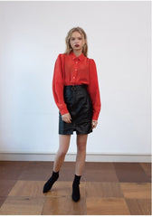 Linen Button-Up Shirt with Structured Collar and Long Puff Sleeves
