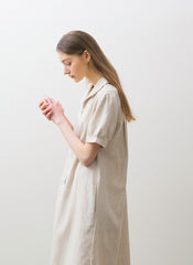 Linen Midi Dress with Short Puff Sleeves, Wide Collar, and Relaxed Button-Front Fit