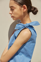 One-Shoulder Linen Midi Dress with Adjustable Bow Straps and Raw Edge Hemline