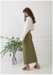High-Waisted Linen Midi Skirt with Front Slit and Tie Belt for Structured Everyday Elegance