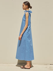 One-Shoulder Linen Midi Dress with Adjustable Bow Straps and Raw Edge Hemline