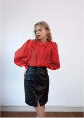Linen Button-Up Shirt with Structured Collar and Long Puff Sleeves