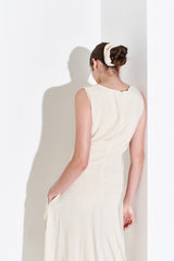 Sleeveless Linen Midi Dress for Women with V-Neckline and Draped Waist Detail – Flared Skirt