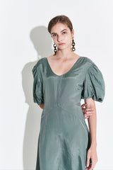 Silk Midi Dress for Women with Puff Short Sleeves and Scoop Neckline – Flared Skirt and Tailored Fit