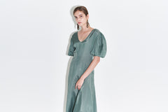 Silk Midi Dress for Women with Puff Short Sleeves and Scoop Neckline – Flared Skirt and Tailored Fit