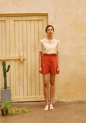 Short-Sleeve Linen Blouse for Women with Pleated Collar and Button Front – Lightweight Summer Top