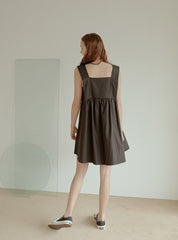 Sleeveless Cotton Poplin Mini Dress with Square Neckline and Flared A-Line Silhouette