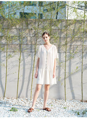 Relaxed Fit Linen Mini Dress with Button-Front Closure and Drop Waist for Effortless Style