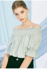 Off-Shoulder Linen Blouse for Women with Smocked Neckline and Puff Sleeves – Elegant Summer Top