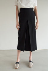 Linen Blend High-Waisted Midi Skirt with Front Center Vent and Sleek Tailored Silhouette