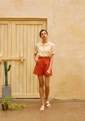 Short-Sleeve Linen Blouse for Women with Pleated Collar and Button Front – Lightweight Summer Top