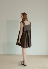 Sleeveless Cotton Poplin Mini Dress with Square Neckline and Flared A-Line Silhouette