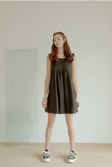 Sleeveless Cotton Poplin Mini Dress with Square Neckline and Flared A-Line Silhouette