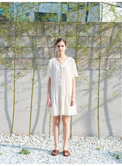 Relaxed Fit Linen Mini Dress with Button-Front Closure and Drop Waist for Effortless Style