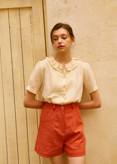 Short-Sleeve Linen Blouse for Women with Pleated Collar and Button Front – Lightweight Summer Top