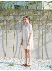 Relaxed Fit Linen Mini Dress with Button-Front Closure and Drop Waist for Effortless Style