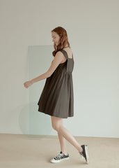Sleeveless Cotton Poplin Mini Dress with Square Neckline and Flared A-Line Silhouette