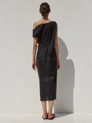 Asymmetrical Linen Midi Dress with Sculpted Neckline, Side Slit and Waist Tie Detail