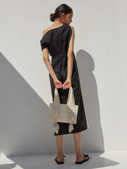 Asymmetrical Linen Midi Dress with Sculpted Neckline, Side Slit and Waist Tie Detail