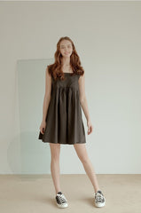 Sleeveless Cotton Poplin Mini Dress with Square Neckline and Flared A-Line Silhouette