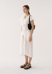 Ruffled Sleeve Wrap Linen Dress with Waist Tie and Flared Hemline for Elegant Style